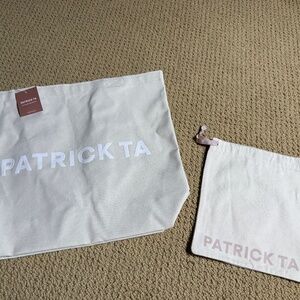 Patrick Ta “The Effortless Tote” and Makeup Cinch Bag in Cream Canvas Brand New